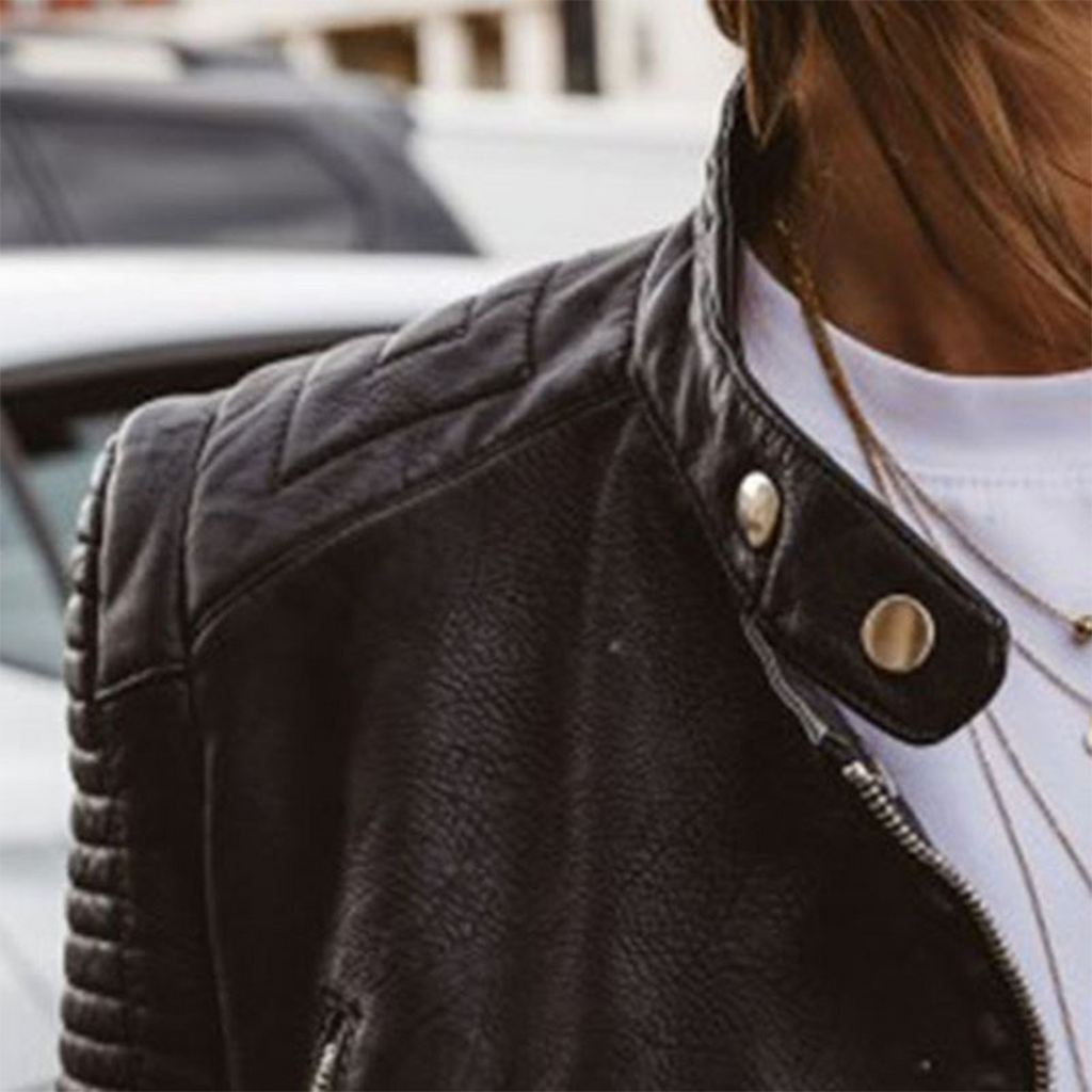 Damen Leder Bikerjacke | Gerippte Ärmel