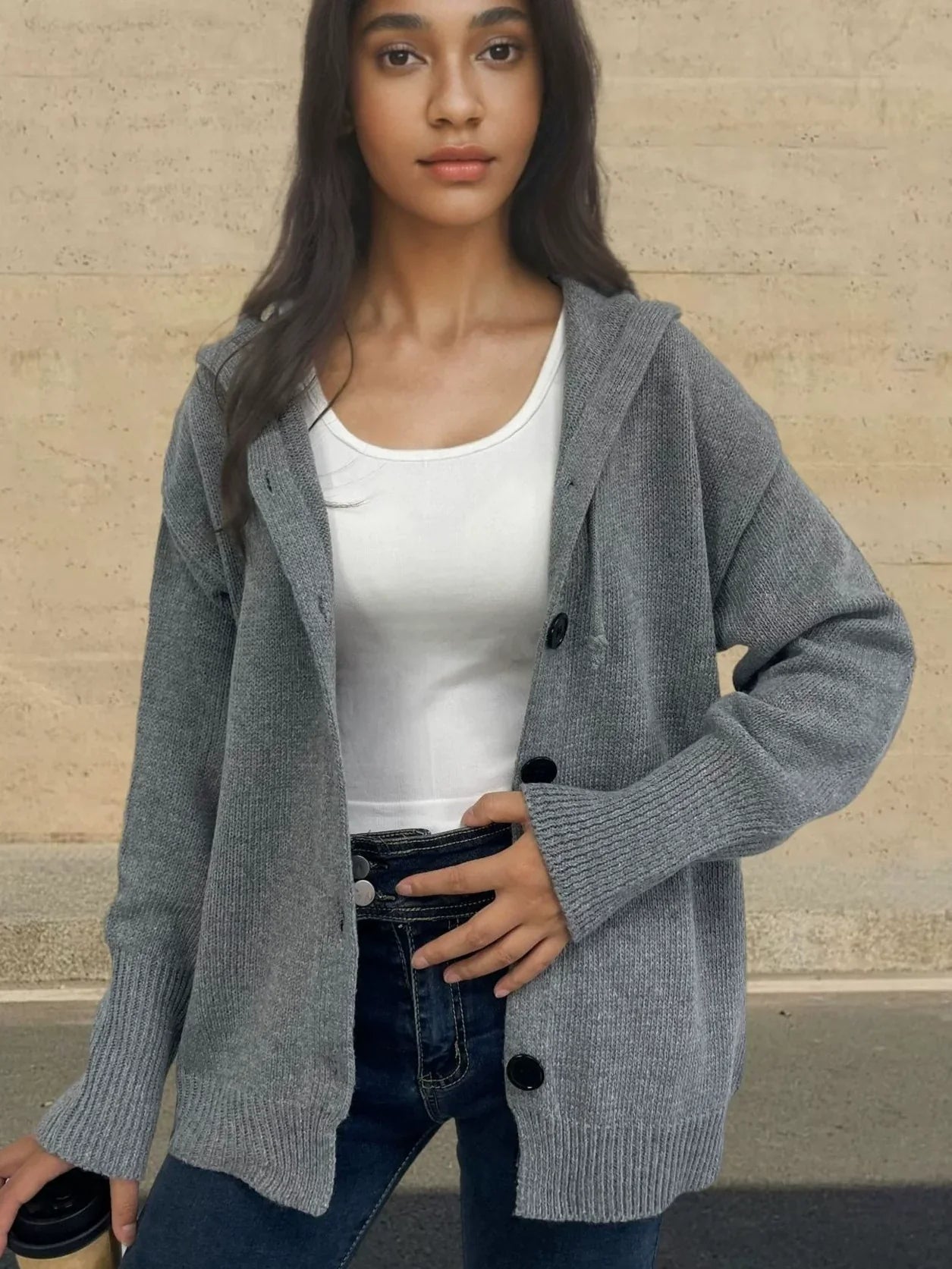 Damen Strickjacke Mit Kapuze | Knopfleiste