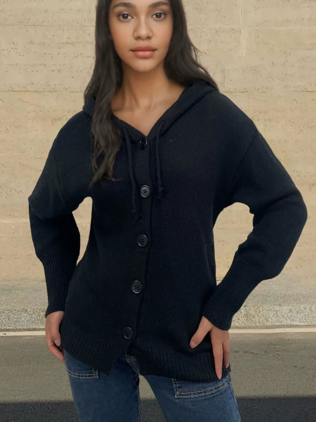 Damen Strickjacke Mit Kapuze | Knopfleiste