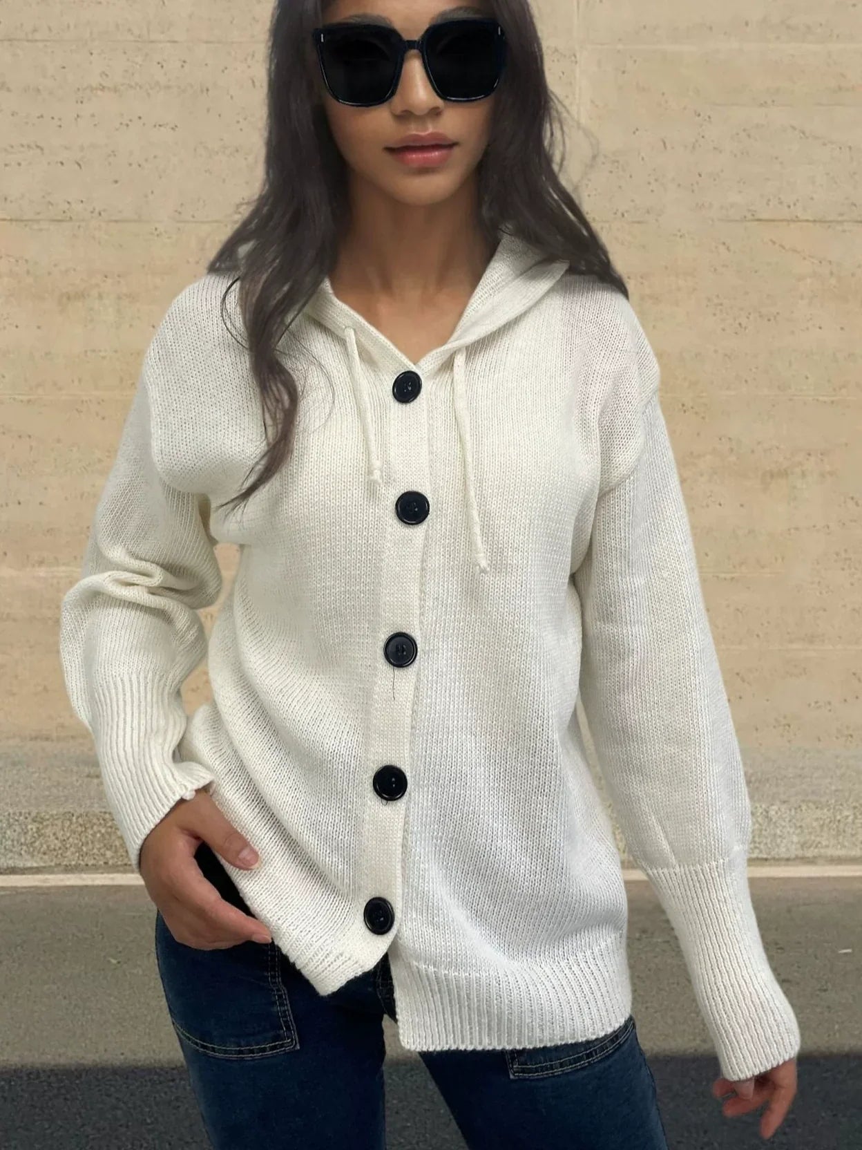 Damen Strickjacke Mit Kapuze | Knopfleiste