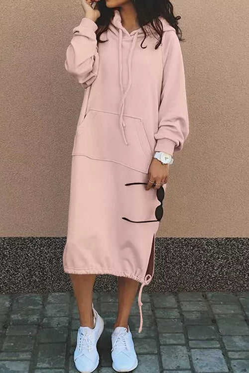 Damen Kapuzenkleid Knielang | Mit Kordelzug