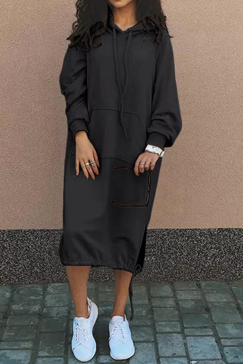 Damen Kapuzenkleid Knielang | Mit Kordelzug