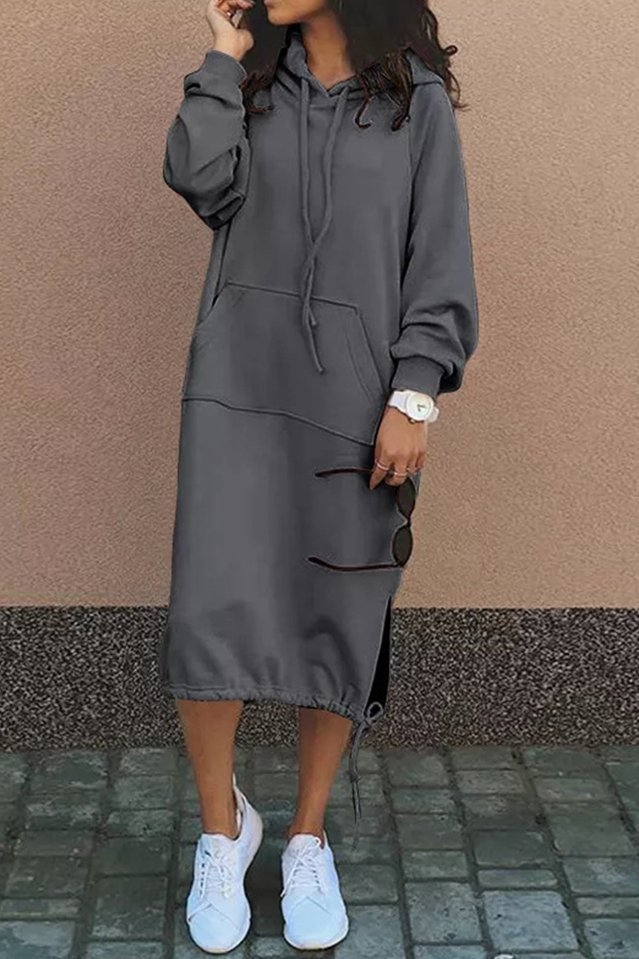 Damen Kapuzenkleid Knielang | Mit Kordelzug