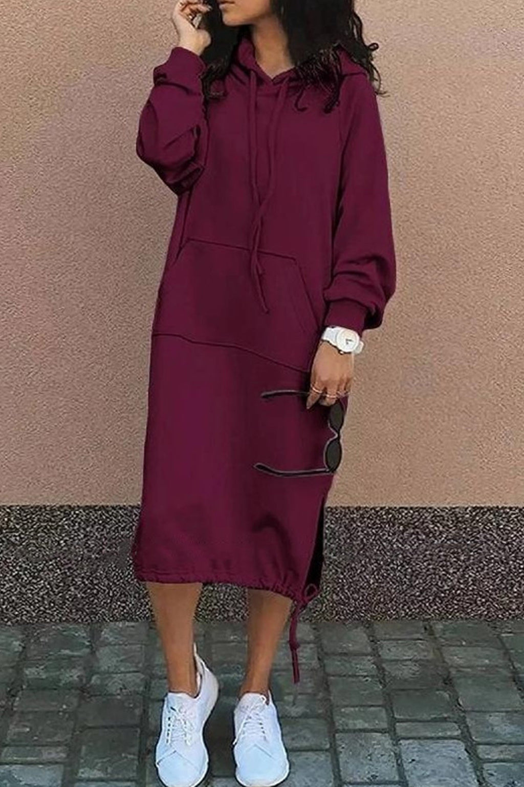 Damen Kapuzenkleid Knielang | Mit Kordelzug